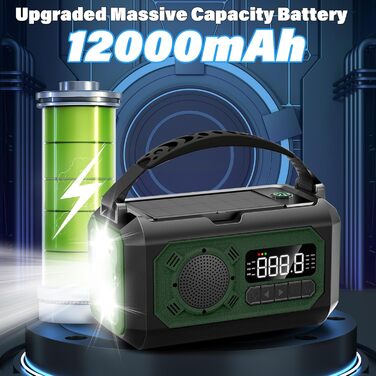 Радіо на сонячних батареях та ручному заводі 12000mAh з USB зарядкою, ліхтариком, компасом, NOAA, AM/FM - аварійне радіоприймач