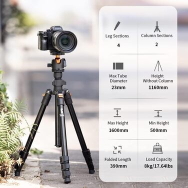 Подорожній штатив для камери K&F Concept 160 см, алюмінієвий трипод для DSLR з панорамною кулею 360° та швидким затискачем