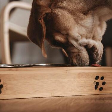 Станція для годування домашніх тварин LAUBLUST: підставка для мисок з бамбука, 2 нержавіючі миски | для собак та котів, розмір 31 x 15 x 6 см | M