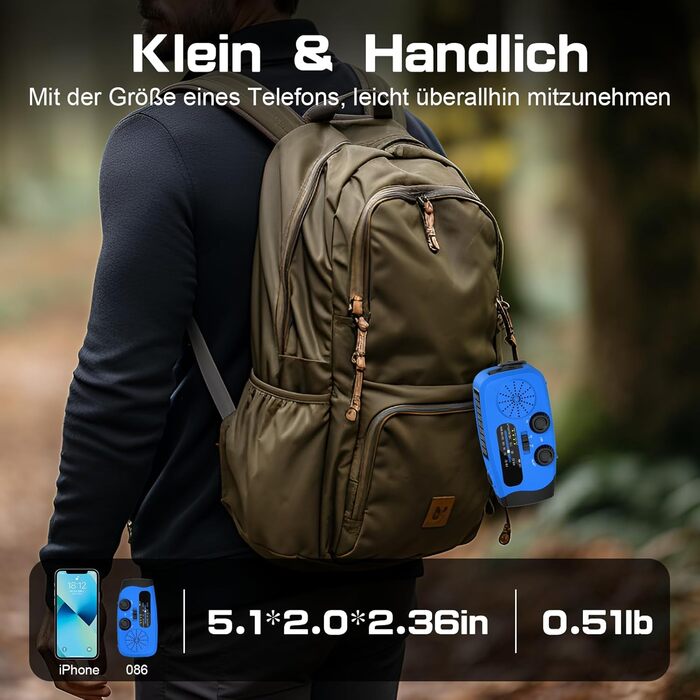 Радіо-кринка Notfall Weltempfänger 4000 mAh (14800 mWh) з 3 кабелями, AM/FM/WB, SOS-сигнал, ліхтарик, блакитне аварійне радіо