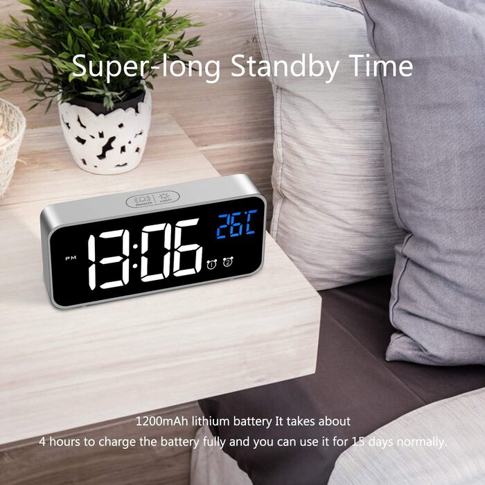 Цифровий годинник MOSUO з LED-дисплеєм, USB-зарядка, показник температури, голосове керування, 2 будильники, регулювання яскравості та гучності, срібний