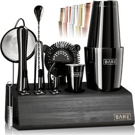 Bare Barrel Pro Cocktail Set - 14 Piece Boston Shaker Set with Stand & Recipe Cards (Jet Black) 0.8L