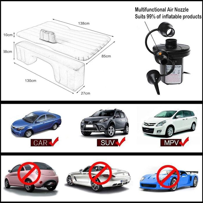 Надувна автомобільна матрац з насосом для подорожей, кемпінгу та відпочинку на природі. Чорний колір.