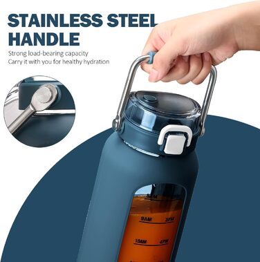 BLUEGO 2000ml Glass Water Bottle with Stainless Steel Handle and Time Marker 2L Motivation Glass Dryer with Silicone Sleeve and Straw for Gym, Office, Outdoors, Sports, BPA-free Water Bottles, Dark Blue