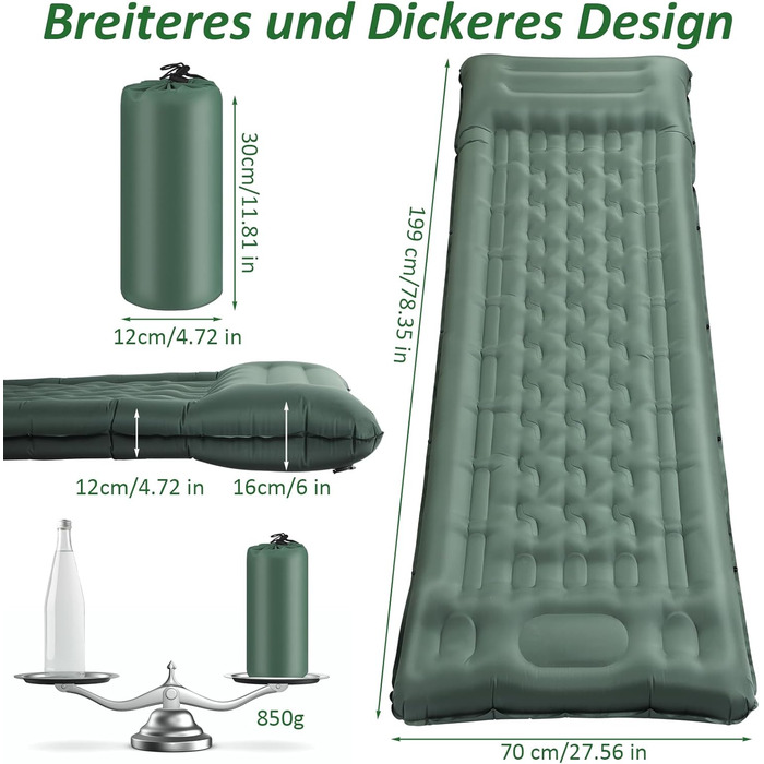 Каремат самонадувний Camping 2025, 12 см, з помпою та подушкою, міцний, ультралегкий для туризму, пляжу