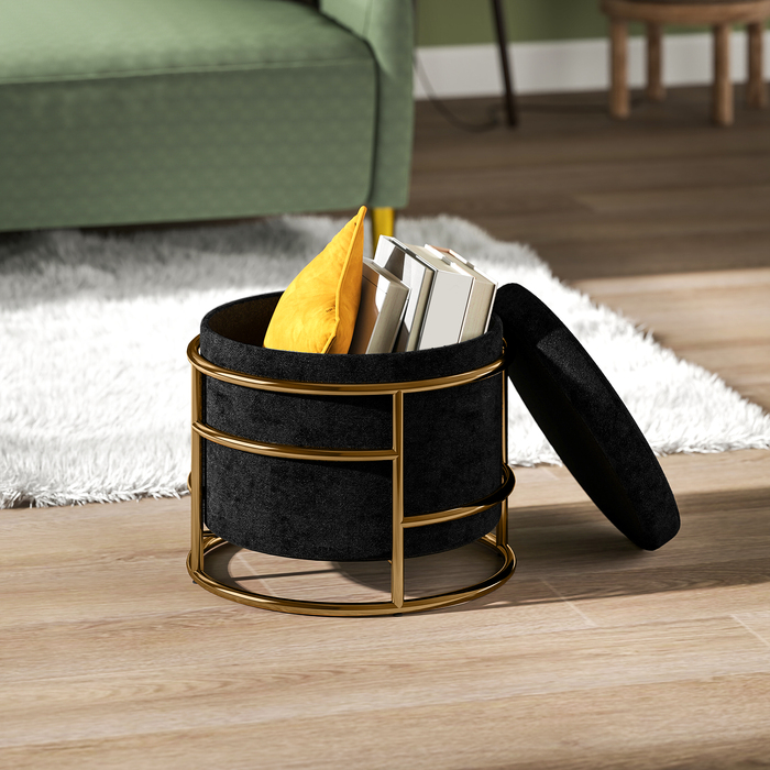 HOMCOM Storage Ottoman, Upholstered Footrest with Metal Frame, Gold Accents, Black