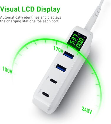 Зарядна станція Schnellladestation PD20W QC3.0 7-в-1 з LCD-дисплеєм, USB-роз'єми, сумісна з iPhone, iPad, Samsung, Huawei (Чорний)