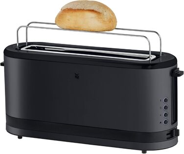 WMF Kitchen Mini Long Slot Toaster, 2 Slices with Roll Attachment, Slim Toaster, XXL, Bagel Function, 7 Browning Levels, 900W, Stainless Steel Matte, Black