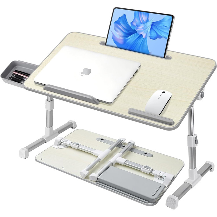 Стіл для ноутбука в ліжко, регульований, з ящиком, 60 x 34 см, бежевий