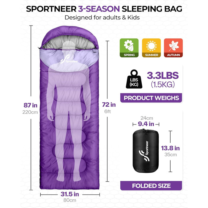 Сплячий мішок Sportneer для кемпінгу: 3-4 сезонний, легкий, компактний, для дорослих