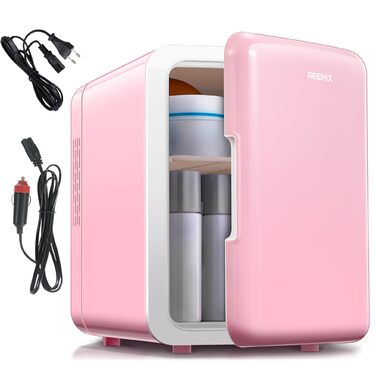 Портативний міні-холодильник 6л/9 банок: охолодження та підігрів для косметики, напоїв, їжі. Рожевий