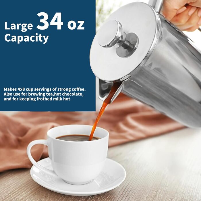 Френч-прес MERMOO YILAN 1L з нержавіючої сталі: термоізольований кавовар для кемпінгу, з подвійною стінкою, 1000 мл (срібний)