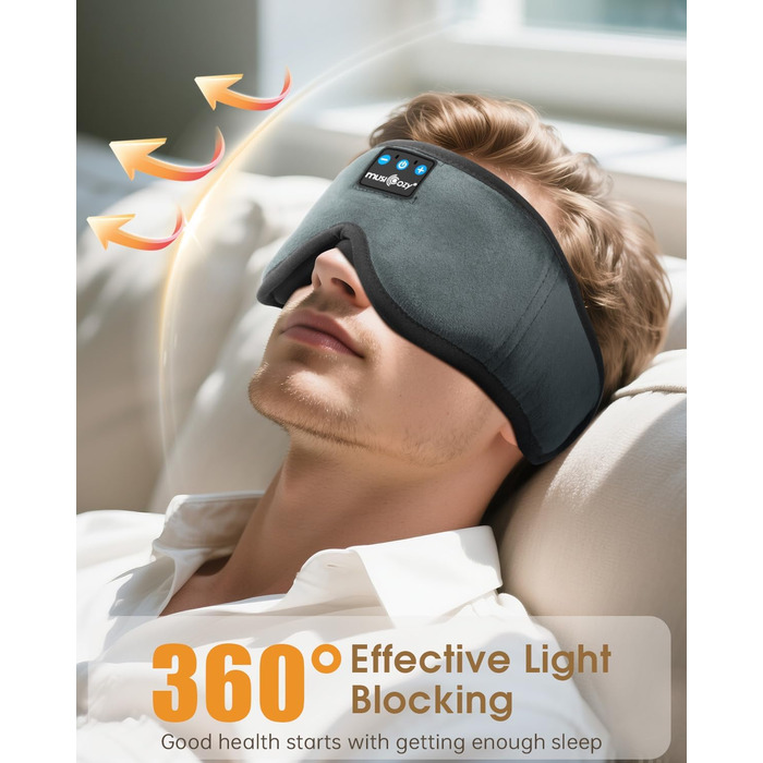 Маска для сну Musicozy з навушниками | Bluetooth 5.4, блокування світла, для подорожей, преміум-якість | Подарунок для чоловіків та жінок (Сірий)