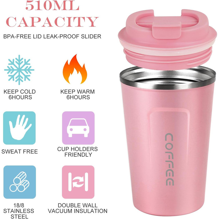 Термокружка Flintronic 510 мл з подвійними стінками, з нержавіючої сталі, з кришкою, для кави та чаю (рожевий)