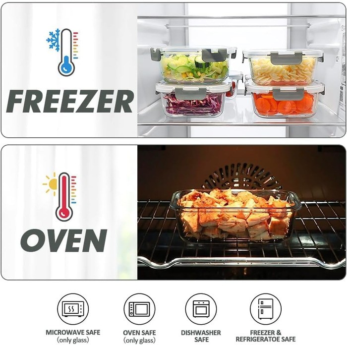 Набір контейнерів Verones 24 шт. з кришками, сірі, повітріодні, для зберігання продуктів, скляні, миються в посудомийній машині, морозостійкі