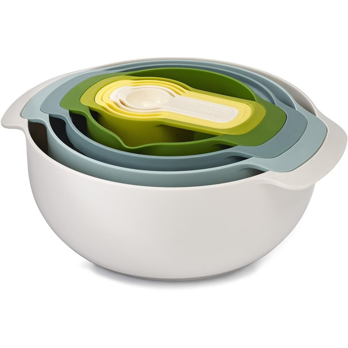 Joseph Joseph Nest 9 Plus, 9-Piece Compact Food Preparation Set with Colander and Colander Liner, Measuring Cup – Opal