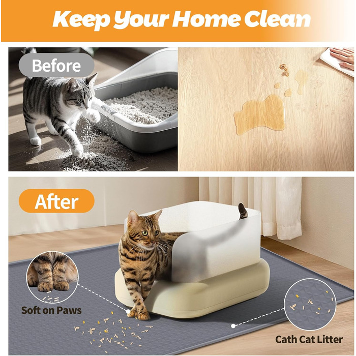 Килимок для котячого туалету, великий розмір 130x65 см, силіконовий, контролює розсипання, м'який для лапок, легко миється (сірий)