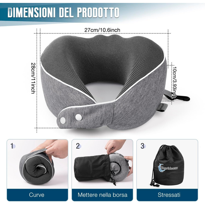 Подушка для шиї темно-сіра для подорожей: подушка-білочка, авто, літак, комплект для подорожей