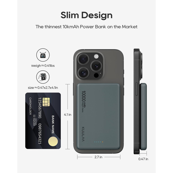 Power Bank Kuulaa MagSafe 10000 mAh 20W, Тонкий Пауербанк для iPhone 16/15/14/13, Колір Space Grey