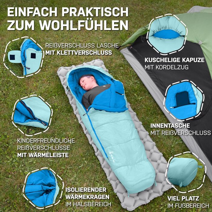 Дитячий спальний мішок для кемпінгу Lila/Türkis (Aqua Splash) | 100% бавовна, легкий та теплий | Розмір до 145 см, 1200г