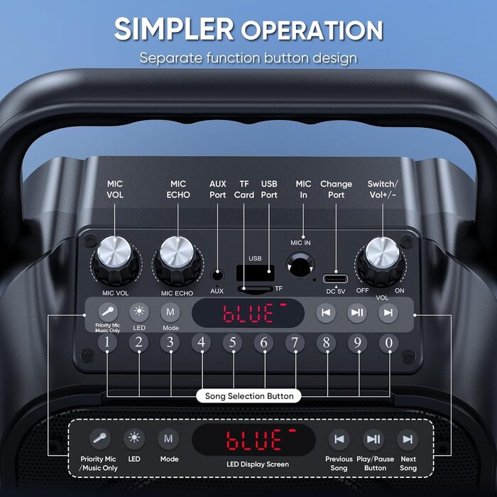 Портативна караоке-машина з Bluetooth та 2 мікрофонами, PA-система з LED-підсвічуванням для дорослих та дітей (Чорний)
