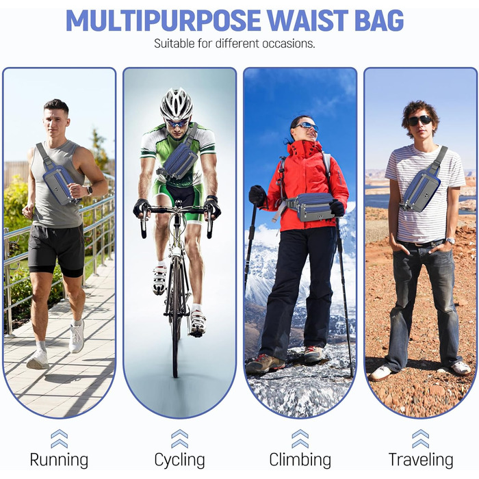 Чоловіча/жіноча поясна сумка на пояс з 7 кишенями на блискавці для спорту, фітнесу, бігу, велоспорту, подорожей та кемпінгу, блакитна