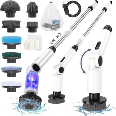 Electric Cleaning Brush, [Folding Version] Homtronics Electric Scrub Brush, Adjustable Long Handle, Electric Spin Scrubber Cordless with 8 Drill Brush Heads for Bathroom Kitchen Car, (White)