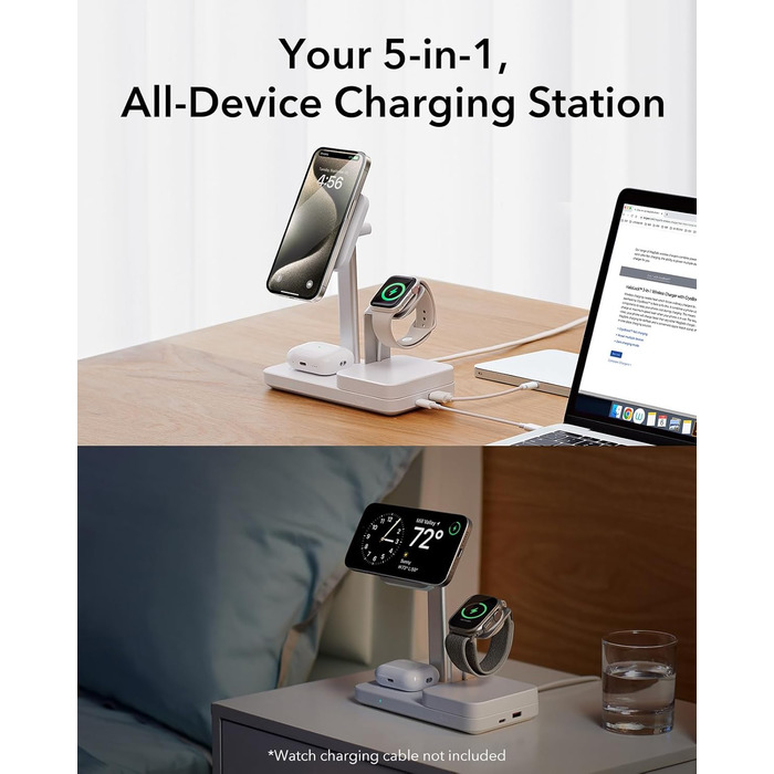 Зарядний пристрій ESR 65W GaN 5-в-1 з підтримкою MagSafe, білий. Сумісний з iPhone 17/16/15/14/13/12, Apple Watch, AirPods та USB A/C пристроями