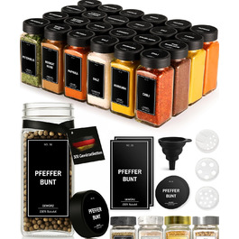 Spice Jar Set [24 x 120ml] with 300 Spice Labels [DE] - Spice Storage with Shaker Insert - Glass Spice Jars - Glass Spice Containers - Spice Organizer - Spice Jars Obsidian