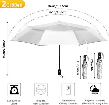 Зонт від сонця та дощу, 46 дюймів (117 см), 8-ми рифлений, вітростійкий, автоматичний, для чоловіків та жінок, срібно-чорний
