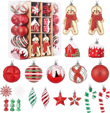 Набір прикрас на ялинку Shareconn 65 шт. з пластику, міцні ялинкові кулі з мотузкою, різного розміру та дизайну, декор для ялинки, червоний та білий (червоний, зелений, білий)
