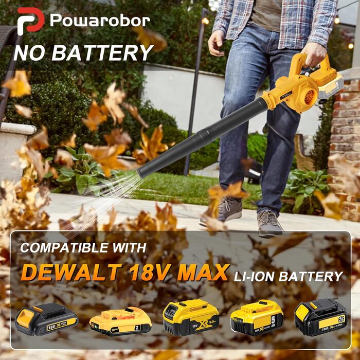 Powarobor Cordless Blower/Leaf Blower for Dewalt 18V Batteries, Compact Air Blower for Lawn Care, Leaf Blowing, Terrace and Garage Cleaning (device only, without battery and charger)
