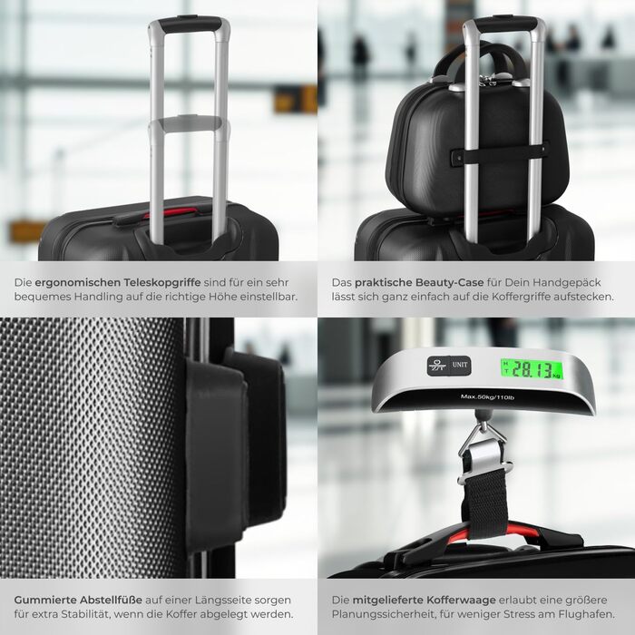 Набір валіз Tectake® 4 шт. з ваговою та ідентифікатором, 360° колеса, жорсткий корпус з кодовим замком, велика валіза, вкладна, ручний багаж (Чорний)