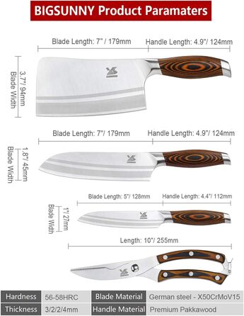 Набір кухонних ножів MSY BIGSUNNY 4 шт. (Ніж для нарізки, Сантоку, Універсальний ніж, Ножиці для птиці) - Німецька сталь, Азіатський дизайн