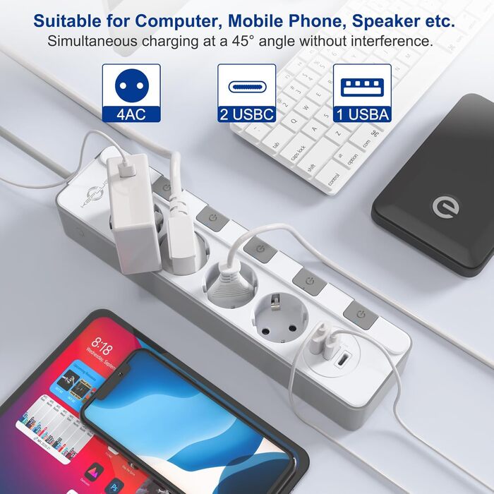 Мережевий фільтр KEPLUG з USB-портами (4000W, 16A) - розетка з 2 Type C, USB-A, дитячий захист, 2 м кабель