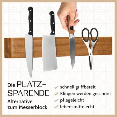 KÖKSMAGI® Magnetic Knife Strip OSKAR (40 cm) - magnetic wooden knife strip with an extremely strong magnet for heavy knives - self-adhesive (3M adhesive tape) & with drilling accessories