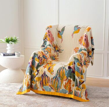 Бохо плед-покривало King Size 274x229 см, тепла затишна ковдра для дивана і ліжка з квітами і метеликами, весняний дизайн для вітальні