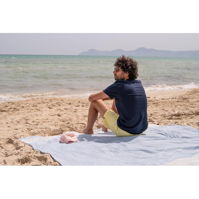 Великий пляжний рушник MOMOMUS Fouta XXL 200x200 см з бахромою, бавовна, блакитний