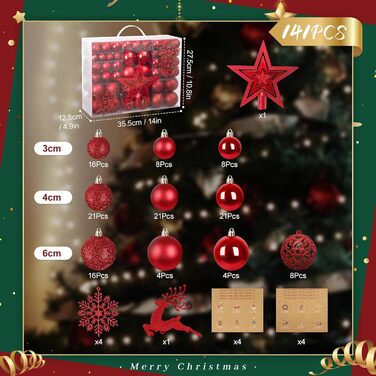 Набір прикрас для ялинки 141 шт. з пластику: матові, глянцеві, з блискітками, з вирізанням. Декоративні кулі для ялинки, червоні. Прикраси для дому та вулиці