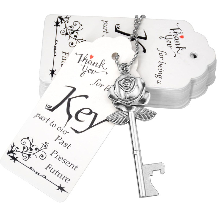 Aokbean 100 Pieces Wedding Key Bottle Opener Rose Shape Vintage Rustic Cake Accessories Suitable as a Gift for Guests with Thank You Card and Chain (Antique Silver)