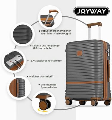 Набір дорожніх валіз Joyway (6-7 предметів), жорстка оболонка, з косметичкою, 4 колеса та TSA-замком, сірий колір