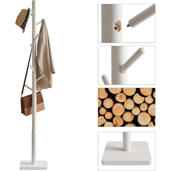 YMYNY Solid Wood Wardrobe Rack, Thickened Square Base, Tree-Shaped Clothes Rack, 3 Adjustable Heights, 8 Hooks, Freestanding, Sturdy, for Bag, Clothing, Living Room, White HCR002W