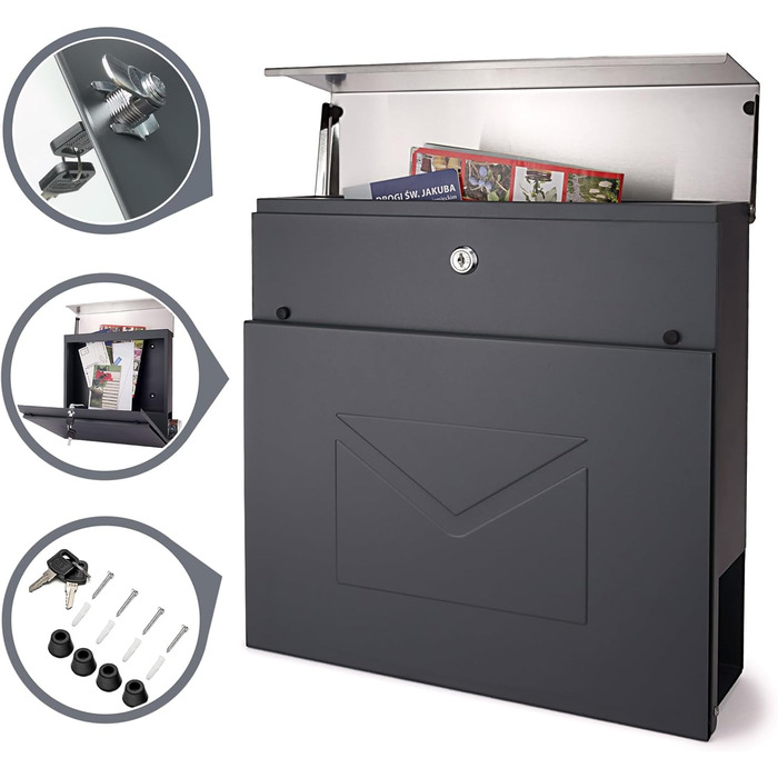 Поштовий ящик Verda з газетницею, нержавіюча сталь, антрацит, 37x37x11 см, з вікном, ключами та табличкою для імені - сучасний вуличний поштовий ящик