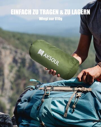 AKSOUL Килимок для кемпінгу Isomatte самонадувний: Ultraleicht, великий, туристичний, з подушкою, термо, для намету, трекінгу, пляжу, армійський, зелений