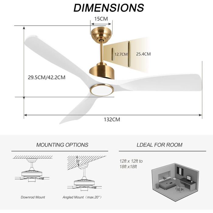 Сучасний стельовий вентилятор з підсвічуванням та пультом керування, 132 см, білий та золотий, тихий DC-двигун, сумісний з Alexa/Google Home