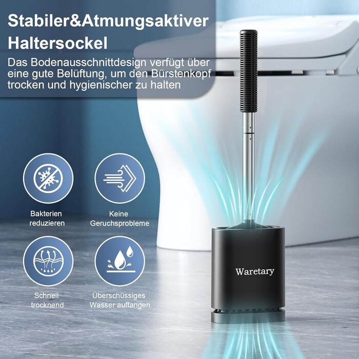 Щітка для унітазу Waretary з силіконовою щетиною та тримачем з нержавіючої сталі, гнучкий наконечник для глибокого очищення, швидковисихаюча, для кріплення на стіні або встановлення на підлогу, чорний