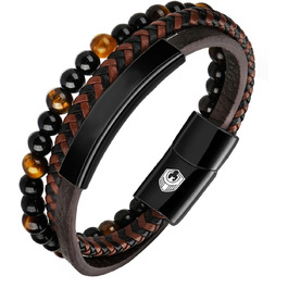 Чоловічий шкіряний браслет Lederarmband з магнітною застібкою з нержавіючої сталі, плетінка, коричнево-чорний, 20.5 см + Подарункова коробка