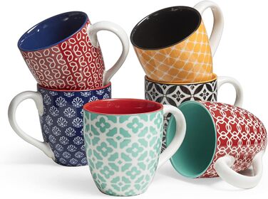 DOWAN Coffee Mug Set, 6 x 560 ml Porcelain Coffee Cups, Large Cups in Chinese Traditional Pattern Style for Coffee, Milk, Tea & Hot Chocolate, Coffee Mug Multicolor