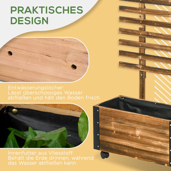 Outsunny Raised Garden Bed with Trellis and Wheels, Flower Box for Climbing Plants, Planter Box Made of Charcoal Wood, 65 x 31 x 147 cm
