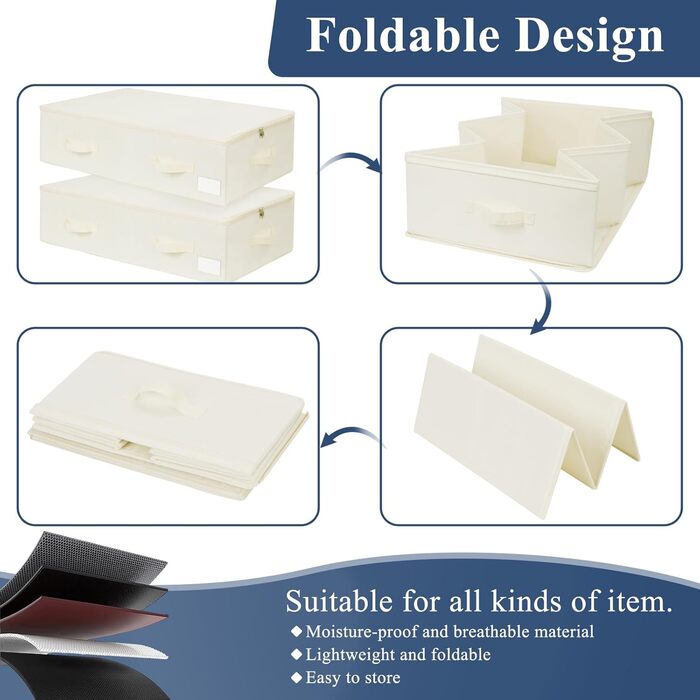 Комод під ліжко Lannvan, 2 шт. Коробки для зберігання під ліжко з кришкою, складні, з 4 посиленими ручками, для одягу, постільної білизни, ковдр, подушок (70 * 41 * 18 см), Бежевий